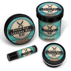 May include: Four containers of Knife Axe Leather Wax. The containers are black and silver with teal labels. The labels feature crossed knives and the text "To Protect & Polish". Sizes include 30 ml, 60 ml, and 120 ml.