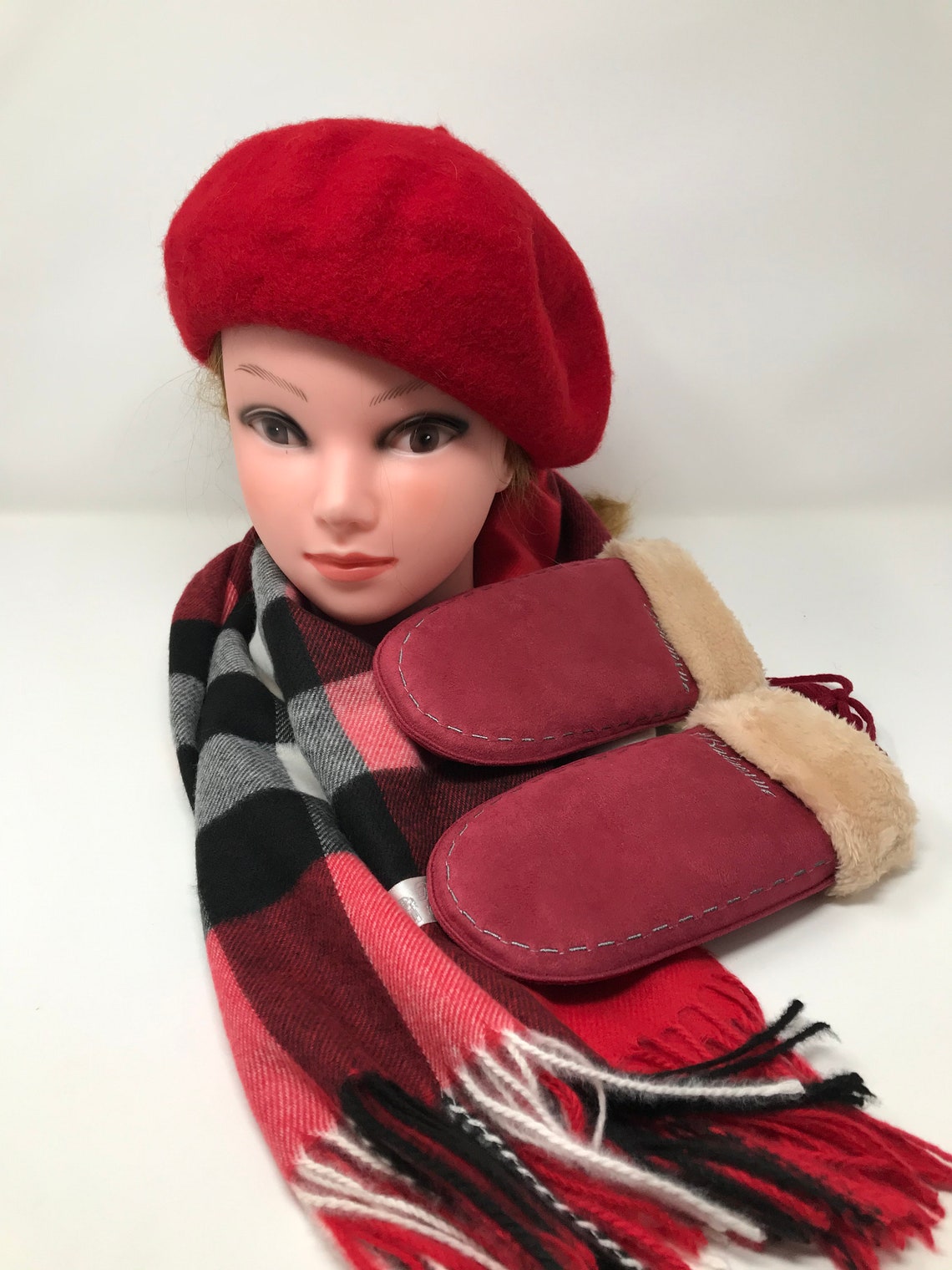 Set Beret Scarf Mittens Cashmere Scarf Red French BeretFaux Etsy