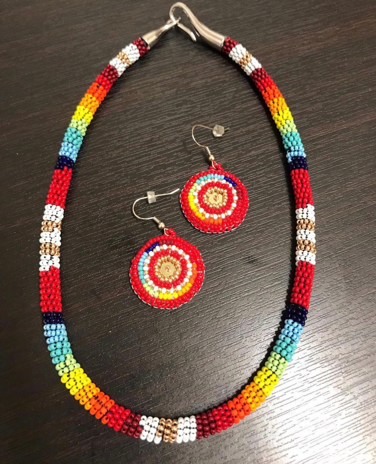 Hand Beaded Rope Necklace and Earring Set Etsy.de