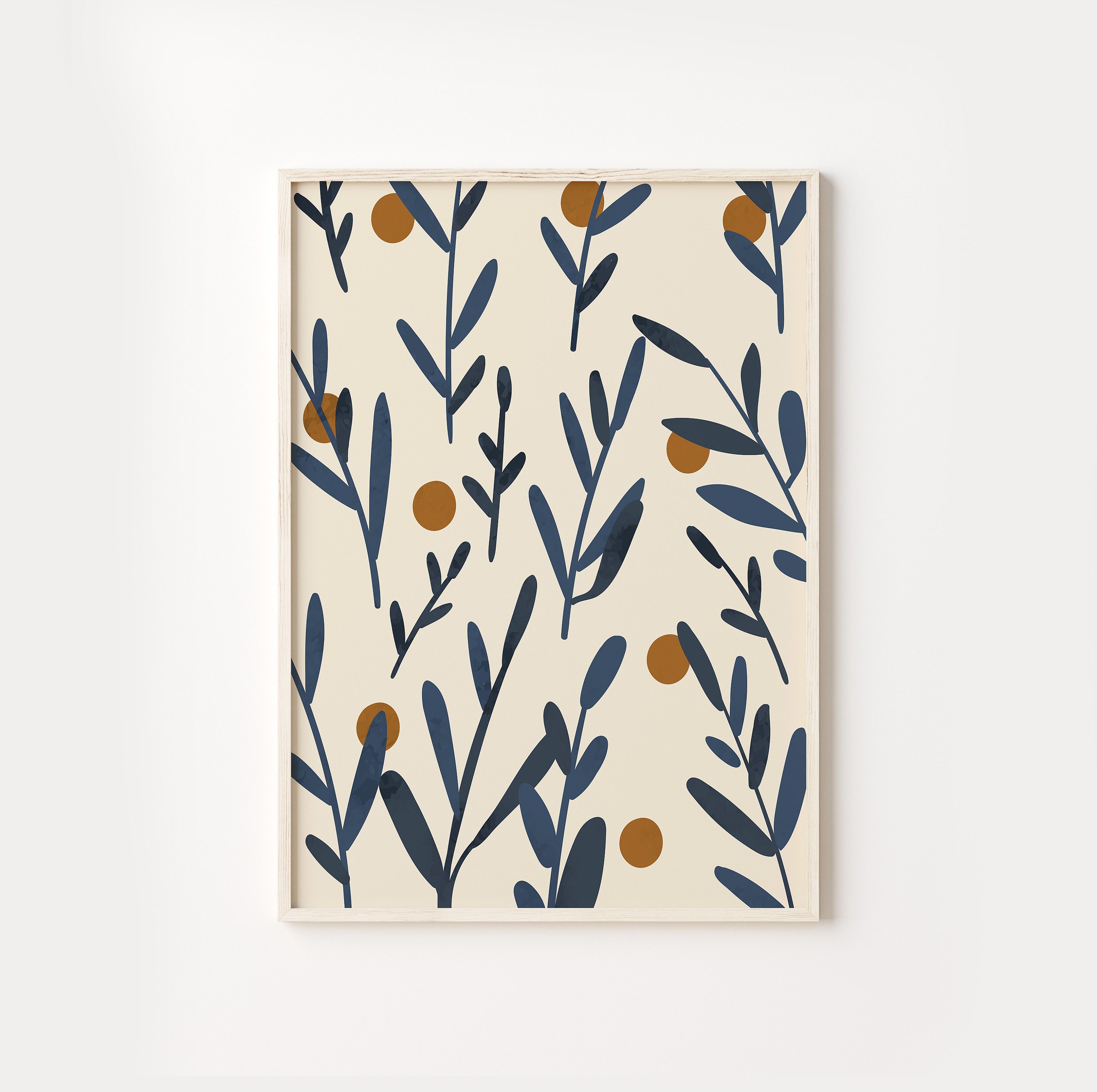 Midnight Blue & Orange Flowers Pattern, Paper Feel, Contemporary Print Art, Minimalist Colorful