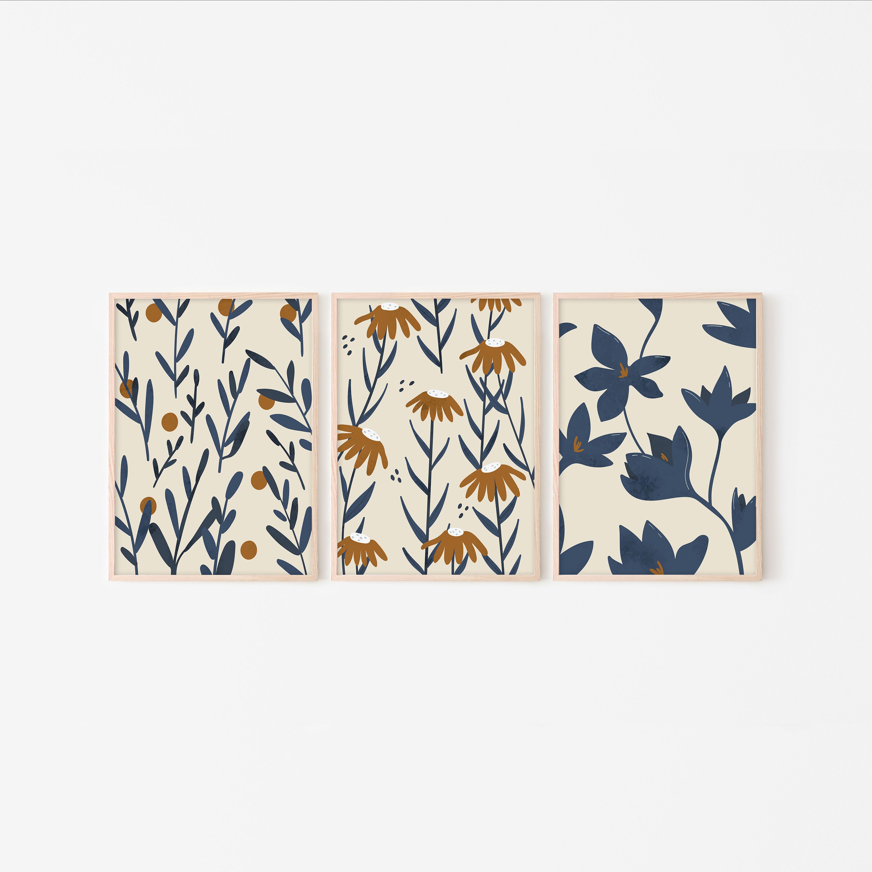 Midnight Blue & Orange Flowers Pattern, Paper Feel, Contemporary Print Art, Minimalist Colorful