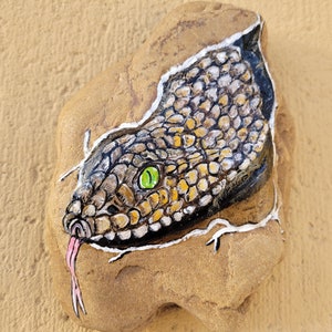Könnte beinhalten: Ein bemalter Stein mit einem Schlangenmuster. Die Schlange ist in Braun-, Schwarz- und Gelbtönen mit einem grünen Auge bemalt. Die Zunge der Schlange ist rosa bemalt.