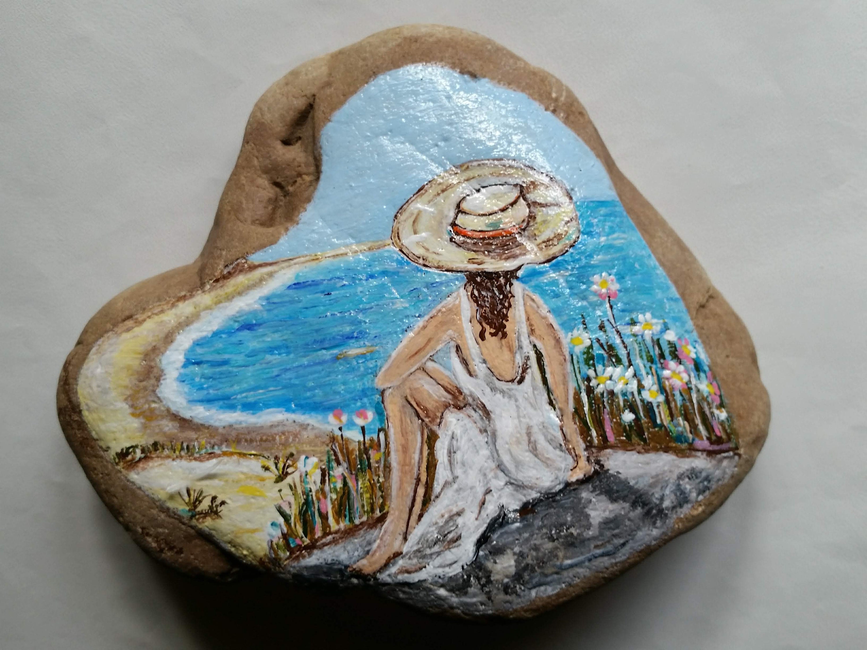 Frau am Meer auf Kieselstein gemalt Rockpainting Deko | Etsy