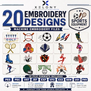 Peut inclure: Une collection numérique de 20 motifs de broderie machine sur le thème du sport par Xelony. L'image présente diverses icônes, notamment un ensemble de golf, une balle de baseball, un ballon de football, des raquettes de tennis et des quilles.