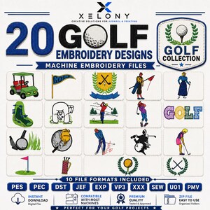 Peut inclure: Une collection numérique de 20 motifs de broderie machine sur le thème du golf par Xelony. L'image présente divers graphismes liés au golf, notamment des voiturettes, des joueurs, des clubs et des drapeaux, avec des indications de formats.