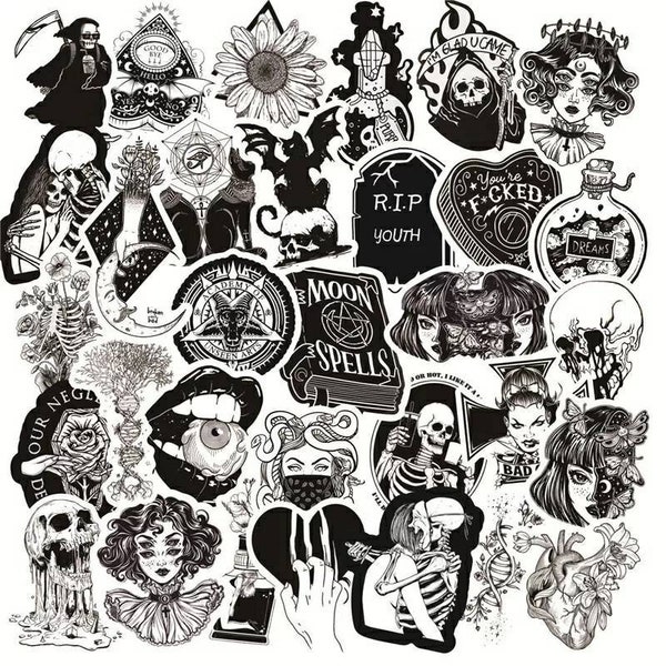 Skate Punk Esoteric Skull Stars Moon Black Magic Spells Witches Pop Coffin Skeleton Culture Dark Graphic Art Black 5 x RANDOM STICKERS PACK!