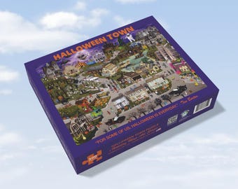 May include: A 500-piece jigsaw puzzle box titled HALLOWEEN TOWN featuring a detailed illustration of a spooky neighborhood. The purple box displays the text FOR SOME OF US, HALLOWEEN IS EVERYDAY and Tim Burton, with various houses and characters.