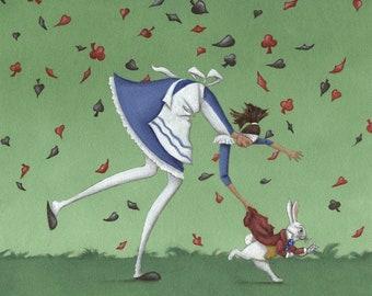 Pintura original de Mandy Pritty, "Alice, I'm Late"- óleo sobre lienzo, arte pintado a mano O impresión giclée de edición limitada. Unframed.