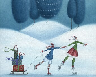 Pintura original de Mandy Pritty, "Two Skaters" - óleo sobre lienzo, arte pintado a mano / giclée impresión / postal embellecida - opciones