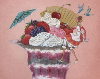 Pintura original de Mandy Pritty, "Sundae Girl" - óleo sobre lienzo, arte pintado a mano O impresión giclée de edición limitada.