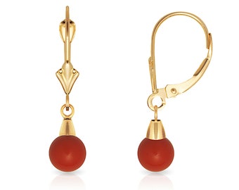 14K Yellow Gold Round Light Coral Leverback Earrings