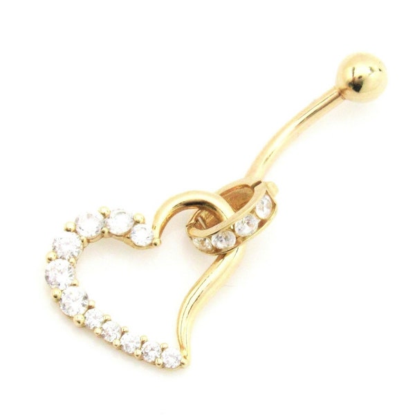 14K Yellow Gold Halo Heart Charm Belly Ring Piercing