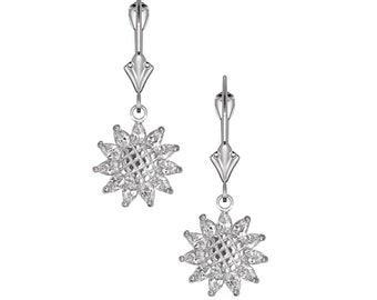 14K White Gold Cubic Zirconia Sunflower Lever back Dangle Drop Earrings