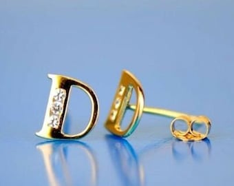 14k Yellow or White Gold Initial Letter D Stud Earring