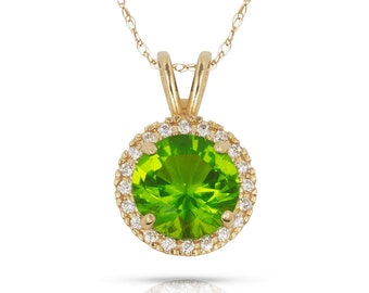 14k Yellow Gold Halo Round Solitaire Peridot Birthstone Pendant