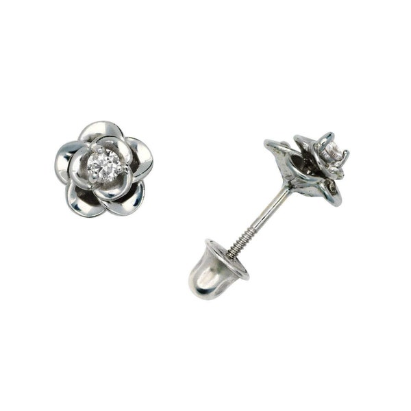 14K White Gold Zircon Flower Rose Screw Back Stud Earrings