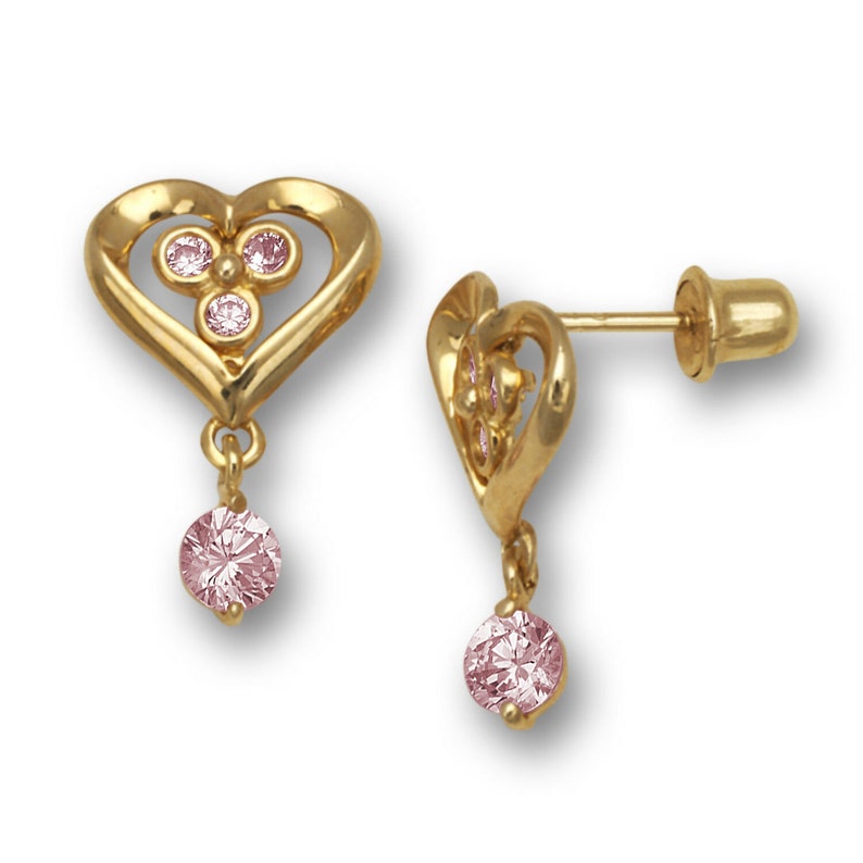 14K Yellow Gold Heart Dangle Screw Back Stud Earrings