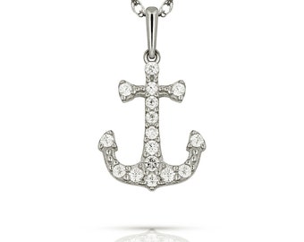 14k White Gold Cubic Zirconia Small Anchor Pendant Necklace