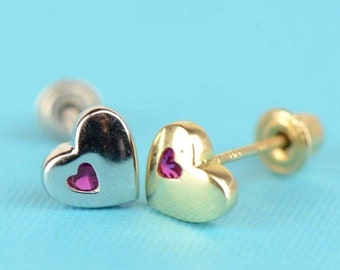 14K White or Yellow Gold Heart Shape Stud Earrings with Screw Back