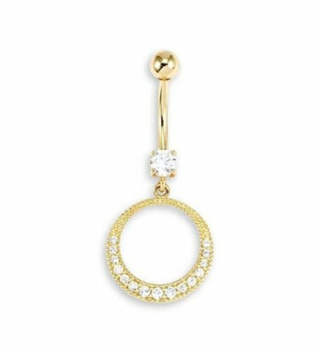 14k Yellow Gold Cubic Zirconia Dangle Open Circle Belly Ring Piercing