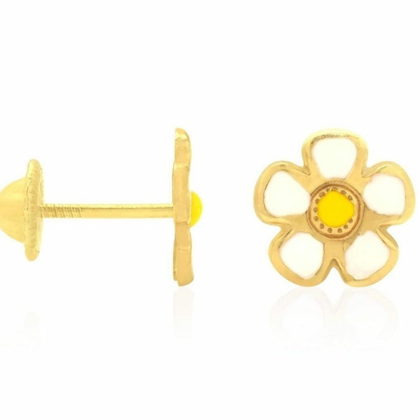 14K Solid Yellow Gold White Enamel Flower Baby Screwback Stud Kids Earrings