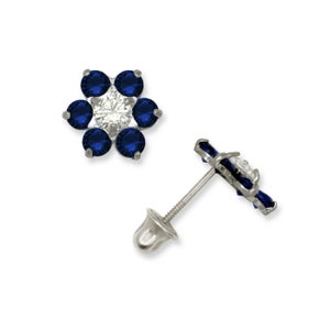 14k White Gold Birthstone Flower Earring with Screw Back