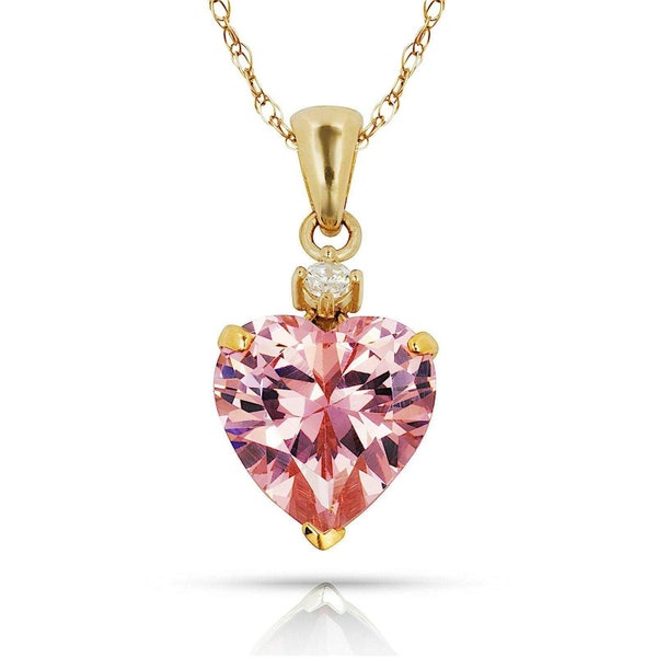 14K Solid Yellow Gold Heart Pendant October Pink Tourmaline Stone