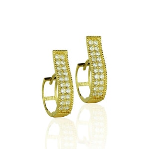 14k Yellow and White Gold Two Row Pave Set Huggee Hoop Earrings