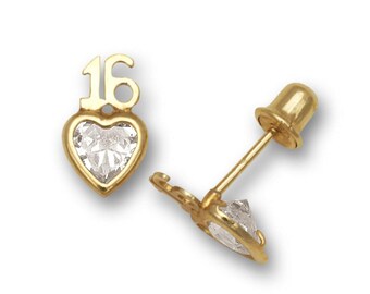 14k Yellow Gold Sweet 16 Heart Shape Screw Back Stud Earrings