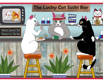 Puede incluir: Ilustración de "The Lucky Cat Sushi Bar" con tres gatos en un bar de sushi. Un gato usa palillos, otro prepara sushi y el tercero disfruta de una bebida. La televisión muestra lucha de sumo de gatos.