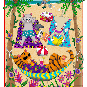 Cats on a Beach Birthday Card, funny cat birthday card, birthday cards for cat lovers, cats and beaches