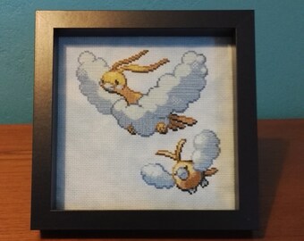 Shiny Altaria and Swablu Cross Stitch in Frame