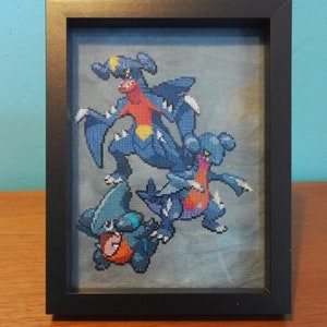 Gible, Gabite and Garchomp Cross Stitch in Frame