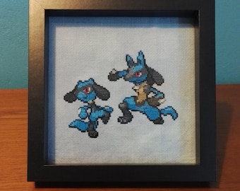Lucario and Riolu Cross Stitch in Frame