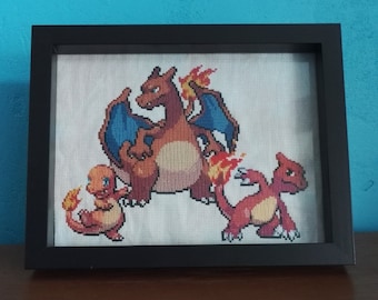 Charmander, Charmeleon and Charizard Cross Stitch in Frame