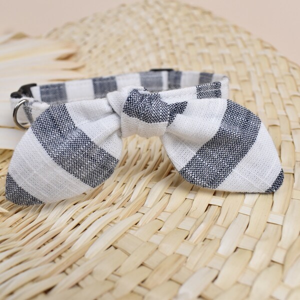 Linen Blue Stripes Breakaway Cat Collar with Bow