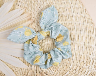 Blue and Yellow Flowers Satin Scrunchie