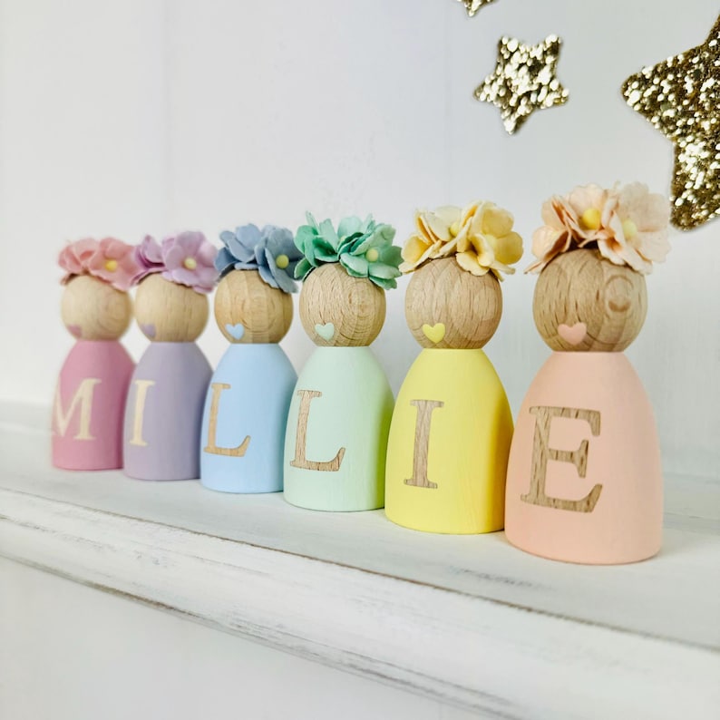 Personalised Daisy Peg Dolls, Personalised Wooden Dolls New Baby Gift