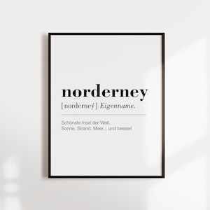 Puede incluir: Arte de pared imprimible en blanco y negro con la palabra "norderney" en negrita, la ortografía fonética y el texto "Schönste Insel der Welt. Sonne. Strand. Meer... und besser!"