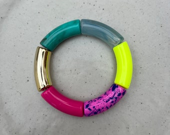 Armreif, Armband, gebogene Acrylperlen, Pink, Neon Gelb, Türkis, Gold, Ibiza Style