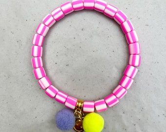 Armband pink und weiß, Polymer Perlen Ibiza Style