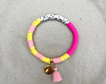 Armband Pink, rosa/gelb im Wechsel, schwarz/weiß gesprenkelt, Katsuki Perlen Ibiza Style