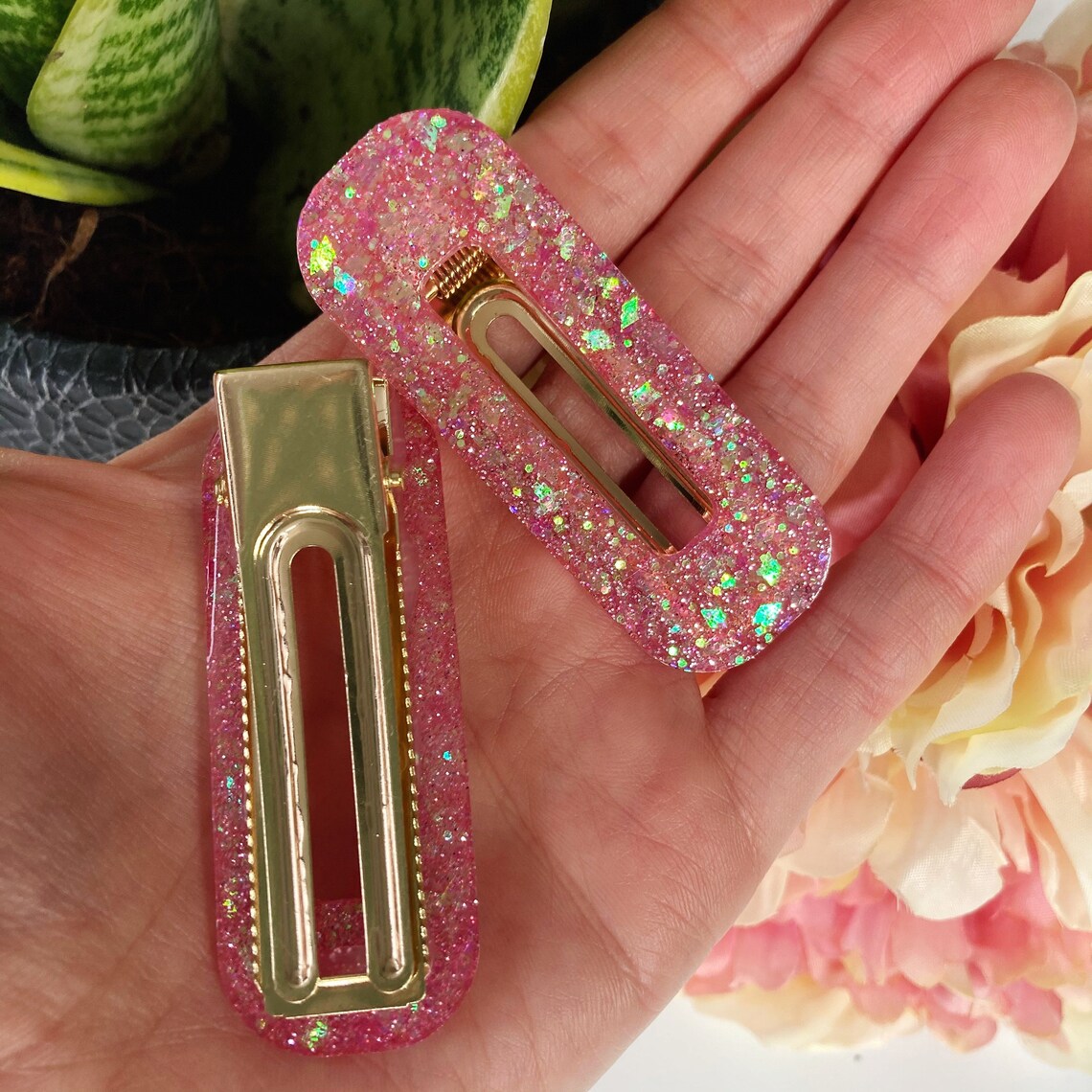 Pink glitter resin hair clips set of 2 Etsy