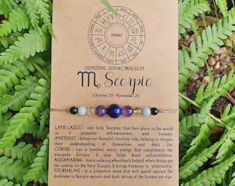 Scorpio Crystal Bracelet, scorpio birthstone crystal, horoscope bracelet,  zodiac gemstone bracelet, protection bracelet and card