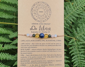 Libra Crystal Bracelet, Libra Birthstone Crystal, Horoscope Bracelet,  Zodiac gemstone bracelet, Protection Bracelet and Card
