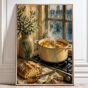 May include: A painting of a light-colored pot filled with steaming soup on a black stovetop, next to a loaf of crusty bread on a cloth, a wooden spoon, and a ceramic vase with green sprigs, set before a window with a rainy city view.