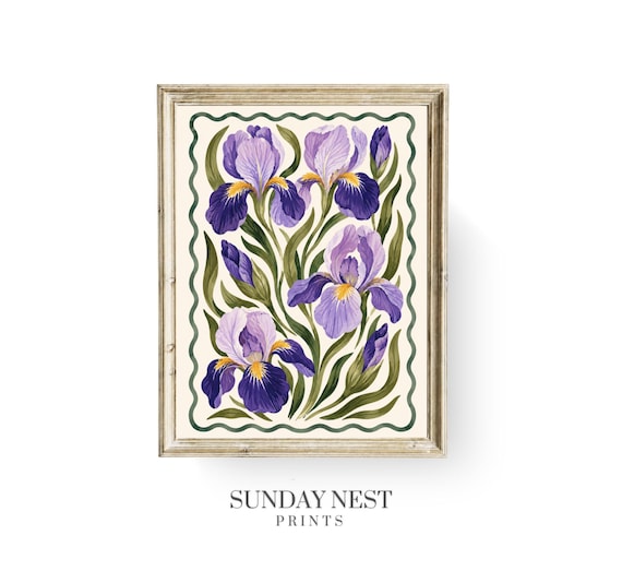 Vintage Iris Wall Art, Purple Botanical Floral Print, Cottage Decor, Digital Download