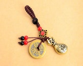 Handmade Rope Lucky Feng Shui Hanging Vintage Brass Money Bag Keychain Pendant Jewelry Ancient Five Emperors Coins Car Key Chain