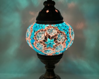 Turkish Moroccan Handmade Light Blue Table Desk Lamp with Free LED Bulb and Free Shipping