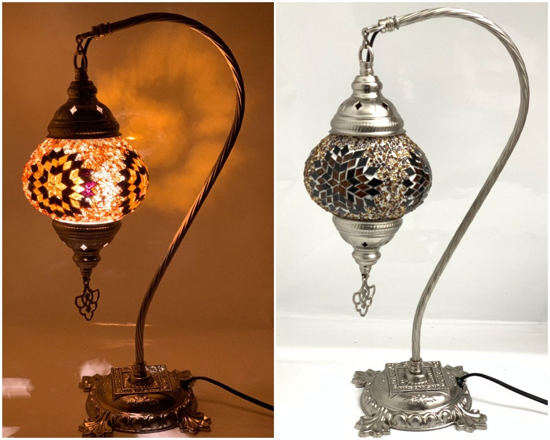 Fast Free Delivery Free Bulb Turkish Lamp Moroccan Mosaic Handmade Glass Golden Colour Swan Neck